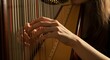 © Lucas - Close-up of a hand plucking a harp string, musical instrument, artistic and delicate moment, indoor setting.