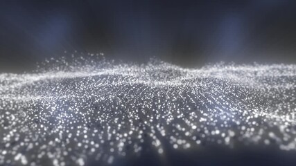 Poster - shimmering white particles forming smooth waves and floating over a soft dark digital landscape