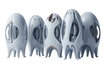A futuristic cluster of five abstract, egg-shaped sculptures with intricate detailing isolated on transparent background.
