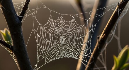 Spider Web in Detail: A pristine spider web glistens with morning dew, intricately spun and illuminated by soft light, showcasing the beauty of nature's delicate architecture.