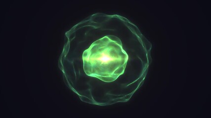 Glowing green luminous energy sphere with fluid plasma surface radiating futuristic cosmic light