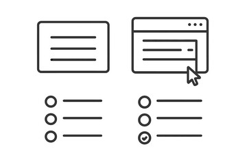 Vector line icon set of user interface elements. Includes website menu, task list, checklist, and form selection with cursor. UI UX concept for web design and app navigation.