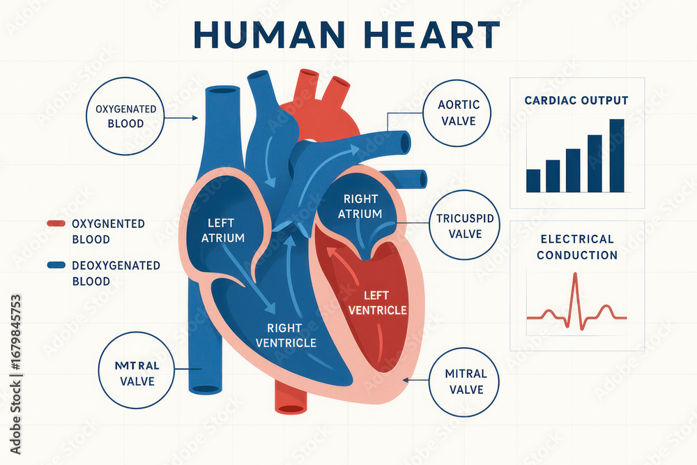 Stock-Illustration „Human Heart Anatomy Diagram, blood flow, valves ...