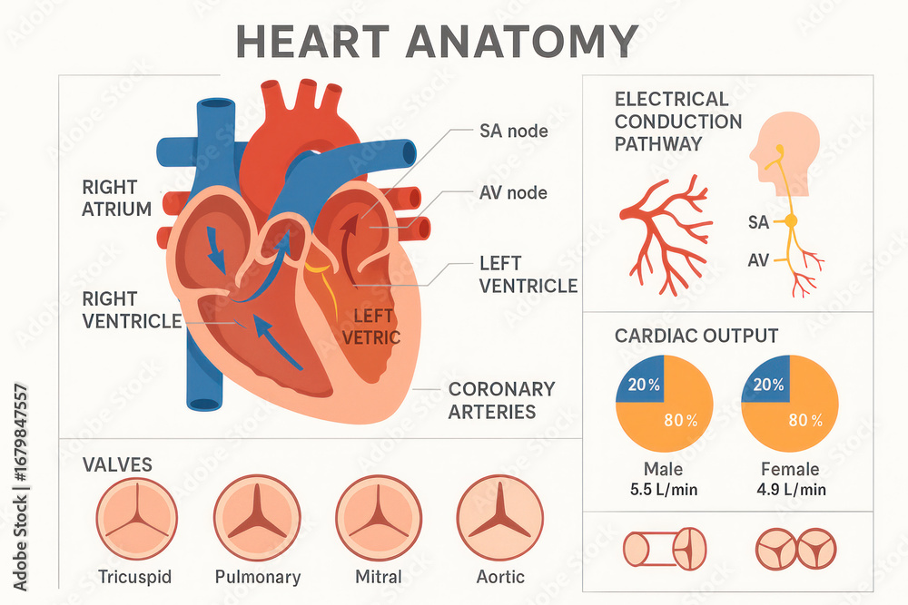 Stock-Illustration „Heart Anatomy Diagram: Valves, Vessels, Conduction ...