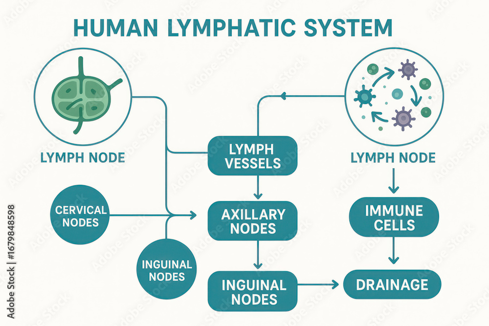 Human Lymphatic System Diagram: Illustration of Lymph Nodes and Vessels ...