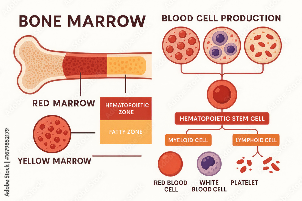 Bone Marrow and Blood Cell Production Illustration, Hematopoiesis ...