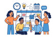 © Karla - Collaborative planning and time management activities with diverse team scheduling, organizing tasks, teamwork, creative ideas, and productivity in a business environment, vector cartoon illustration