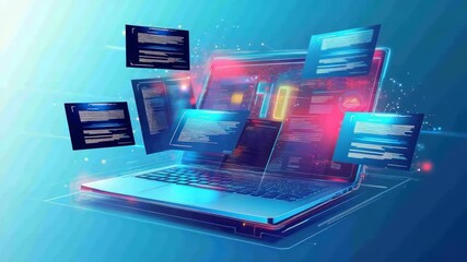 An abstract digital illustration of a laptop with floating documents and glowing elements