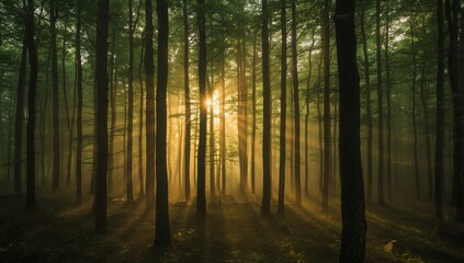  Enchanting forest bathed in golden sunrise light with ethereal sunbeams creating a magical atmosphere