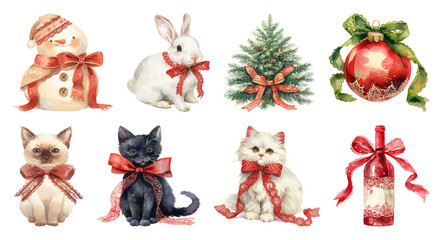 Wall Mural - png charming festive animals and decorations, element set on transparent background