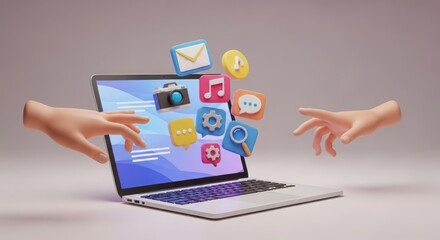 3D Laptop with Social Media and Communication Icons Emerging with Hands Reaching Out computer