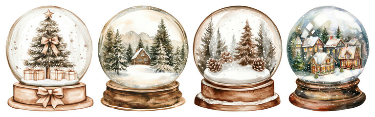 Wall Mural - png festive snow globes with winter scenes, element set on transparent background