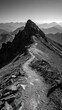 © N_K - Black and white mountain trail rising towards the peak, symbolic image of endurance, clarity, solitude, emotional strength, achievement and the timeless challenge of ascending life’s highest paths