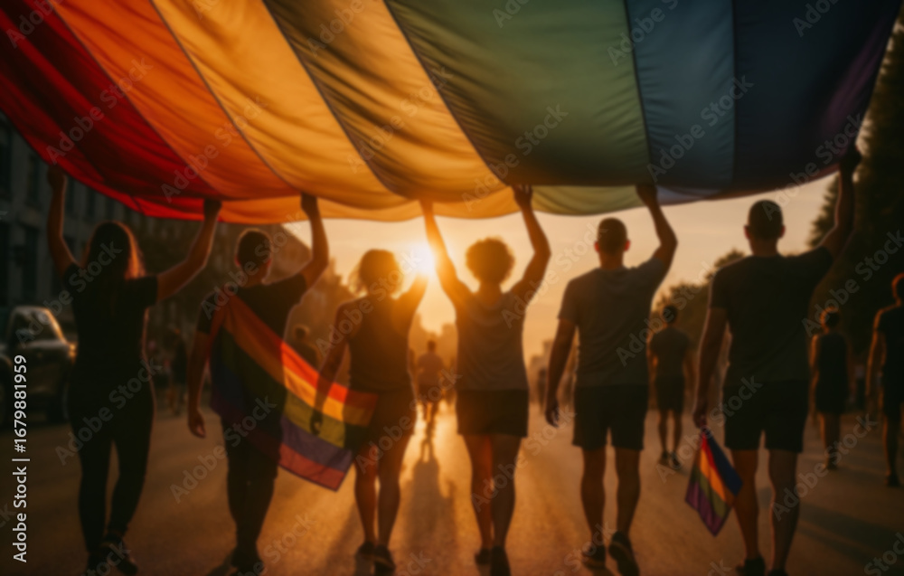 Silhouettes of people holding up a giant rainbow pride flag at sunset ...