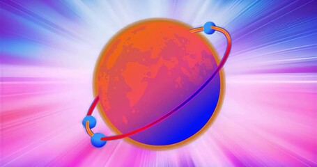 Wall Mural - On load, two blue spheres orbiting red-orange planet along colorful ring visualizing orbital motion