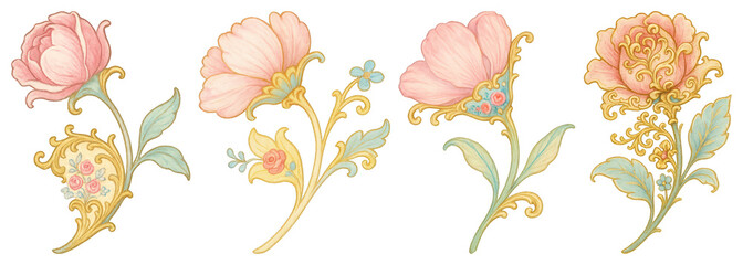Wall Mural - PNG Elegant floral vintage ornament design, element set on transparent background