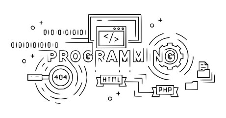 Modern programming design showing HTML, PHP, 404 error, coding, and web development