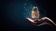 © The - A digital padlock hovers above a hand, symbolizing protection and security in a dark, glowing setting.