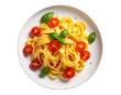 © X - Pasta topped with tomato and basil on plate, for menu design, isolated against neutral background