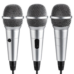 Three microphones stand ready for a performance, isolated on black. Use Public speaking images
