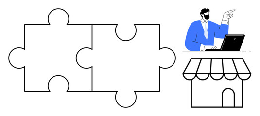 Two interlocking puzzle pieces imply collaboration, a man at a laptop symbolizes strategy, and a small storefront suggests business growth. Ideal for teamwork, e-commerce, partnerships, planning