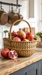 © Ukrin - A woven basket brimming with ripe apples and pomegranates sits on a rustic wooden countertop in a bright, airy kitchen.
