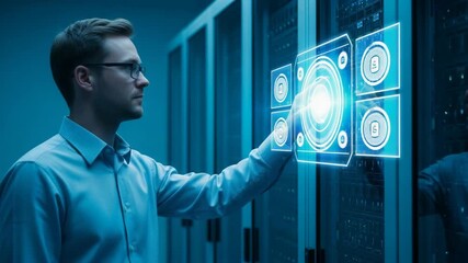 Young IT Professional Interacting with Advanced Technology Interface