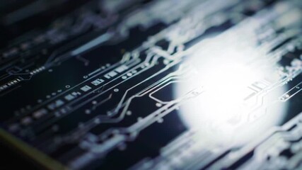 Intricate circuit board with glowing light details the complex network of modern technology. A close-up shot showing a complex web of digital connections, glowing, and sleek.