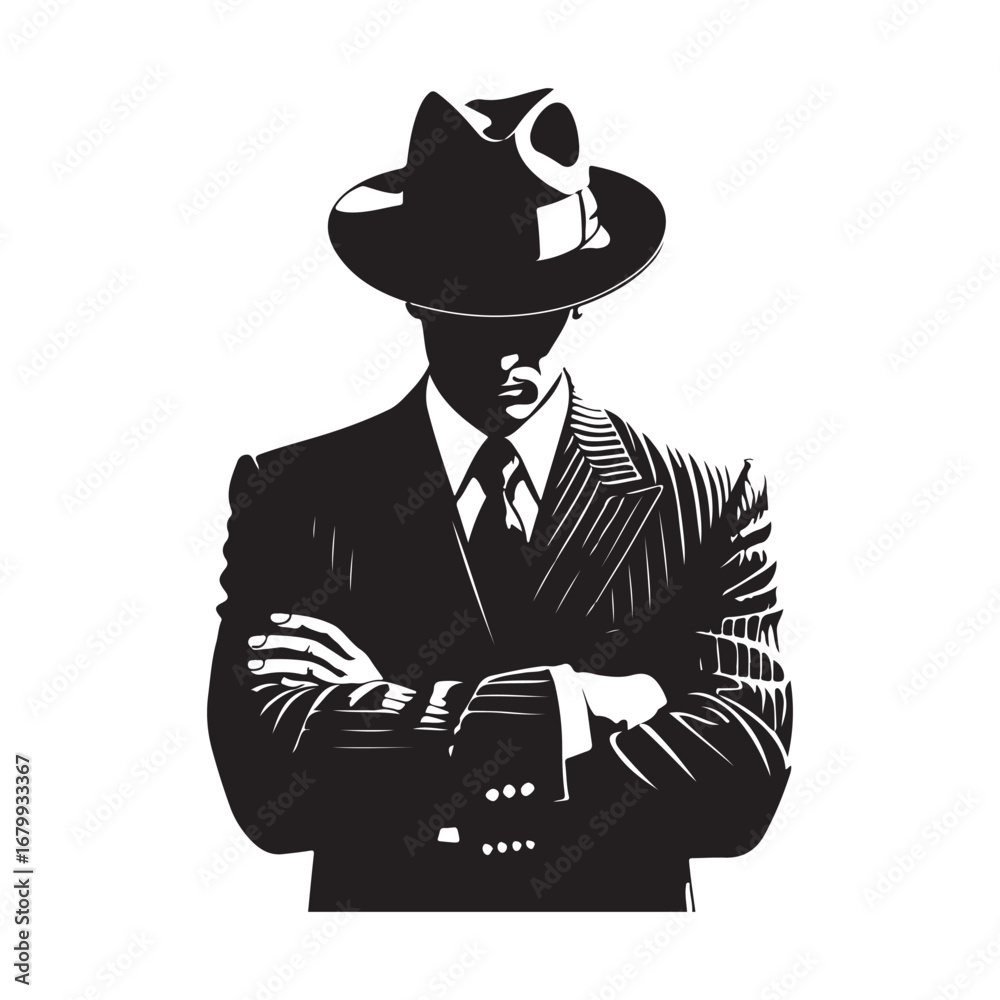 Black and white illustration of a man in a fedora and pinstripe suit ...