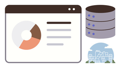 Pie chart and analytics dashboard beside a server stack and building graphic. Ideal for business, analytics, technology, data management, cloud computing, architecture, simple flat metaphor
