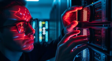 Technicians Intense Focus Amidst Glowing Red Server Lights in Data Center.