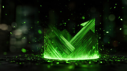 Wall Mural - vibrant green abstract design featuring geometric shape with upward arrow, surrounded by glowing par