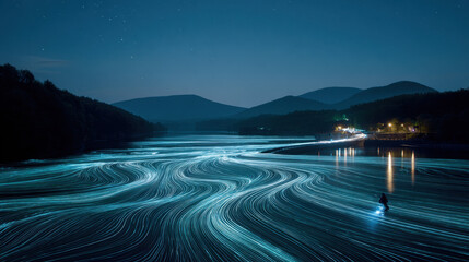 Wall Mural - serene night scene captures river illuminated by flowing light trails, creating mesmerizing pattern 