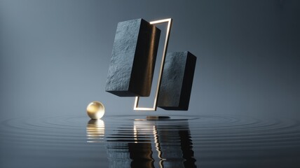 Abstract 3d render of cubes, a golden sphere, and a square frame on a reflective water surface, creating a modern composition