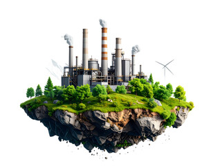 Industrial plant on floating island with smokestacks emitting fumes and windmills generating energy. Suitable for energy resource concepts