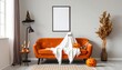 © sabrang - Cozy Halloween Living Room Setup Orange Sofa, Ghost Decoration, Pumpkins, and Witch Hat