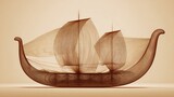 Sepia-toned Viking ship model with two sails, against a blurred background