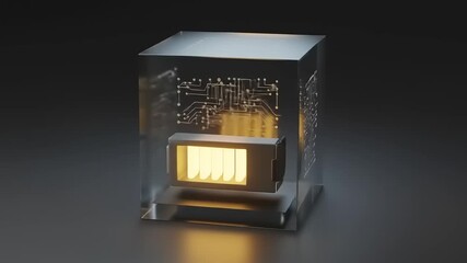 Futuristic glowing device in a transparent cube display