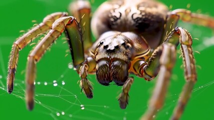 Close-up of a large, detailed spider with intricate markings on its body, perched on a web with dew drops.