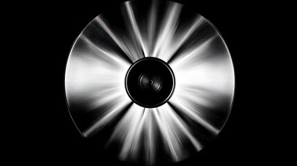 Polished, radial silver object with dark center, on black backdrop