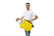 © Atlas - Young man with bright suitcase, ready to travel, isolated, PNG