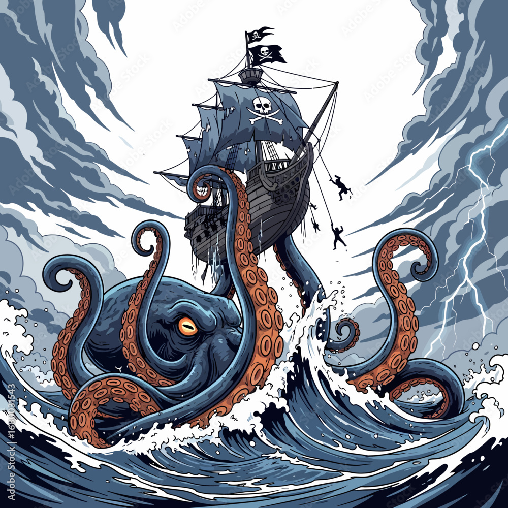An enormous octopus attacks a pirate ship in a stormy sea, with ...