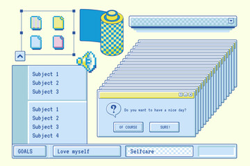 old retro program windows set with isolated images of retro computer app interface with colorful ico
