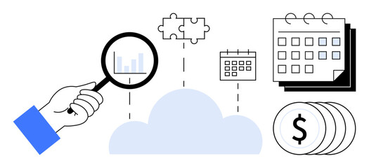 Wall Mural - Hand magnifying data over cloud, puzzle representing solutions, calendar showcasing scheduling, and dollar coins symbolizing financial success. Ideal for data analysis, collaboration, cloud