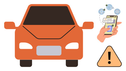 Orange car, phone with app displaying vehicle diagnostics and updates, caution triangle. Ideal for automotive innovation, smart technology, IoT, safety awareness, connectivity, vehicle management