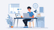 © hakule - In a modern office space, a young man sits at a tidy desk, intently using a laptop. The room features a plant, books, and a wall clock, creating a productive atmosphere.