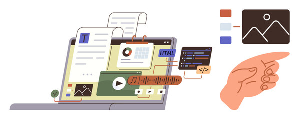Laptop screen featuring documents, media player, graph, and HTML coding with a hand pointing to visual design. Ideal for web development, content creation, design workflows, coding, teamwork