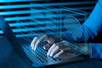 AI-powered web development and programming. A software developer coding with artificial intelligence support, ideal for content about machine learning, AI-assisted coding, next-gen tech solutions.