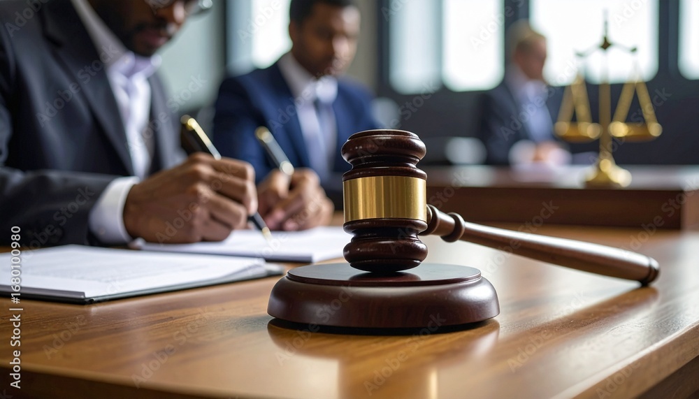 Close-up of a wooden judge hammer resting on a court desk, with a writing lawyer in the blurry background