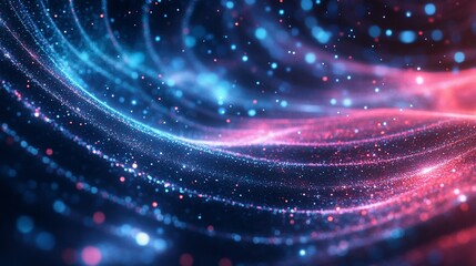 Swirling lights glow with nebulous red and blue particles on a dark background